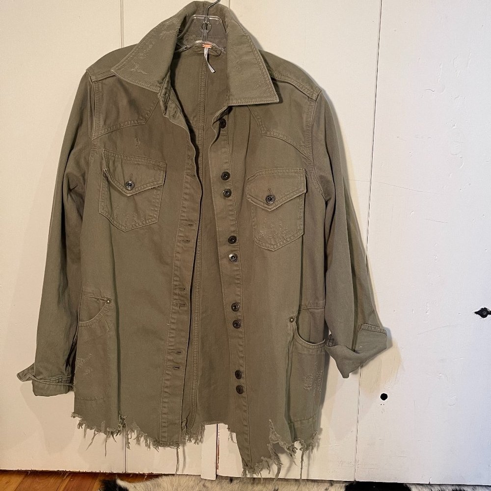 Free People Moonchild army green distressed oversized utility denim shirt jacket